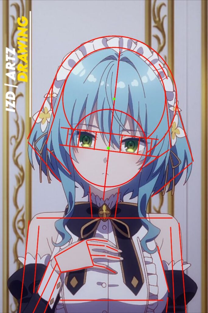 Sketch Villhaze Anime character with aqua hair, maid outfit, and expression lines is framed by golden patterns, showcasing facial and body guidelines. | Sky Rye Design Anime character with aqua hair, maid outfit, and expression lines is framed by golden patterns, showcasing facial and body guidelines.