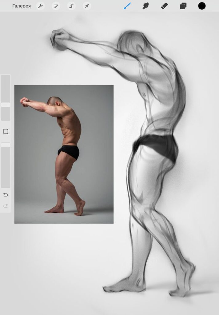 Sketch of a muscular man posing with arms outstretched, next to a reference photo, showcasing artistic anatomy study.