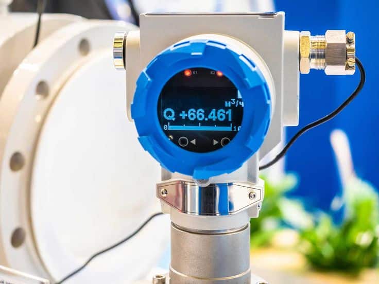 Smart Water Meters For Home Use_ How Do They Work_ Close-up of a digital flow meter with blue casing displaying measurement in cubic meters, used in industrial applications. | Sky Rye Design Close-up of a digital flow meter with blue casing displaying measurement in cubic meters, used in industrial applications.