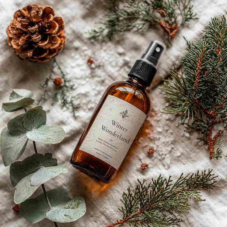 Smells Like Christmas_ 5 Easy DIY Room Sprays to Capture the Season Amber bottle labeled Winter Wonderland amidst pine branches, eucalyptus, pinecone, and scattered salt crystals, evoking a cozy winter scene. | Sky Rye Design Amber bottle labeled Winter Wonderland amidst pine branches, eucalyptus, pinecone, and scattered salt crystals, evoking a cozy winter scene.