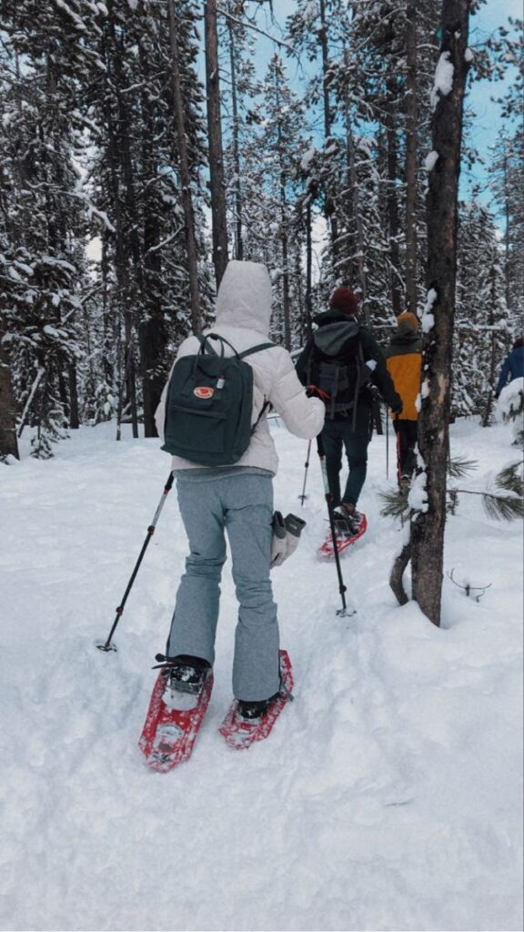 People snowshoeing in a snow-covered forest, enjoying a winter hike beneath tall, frosty trees under a blue sky.
