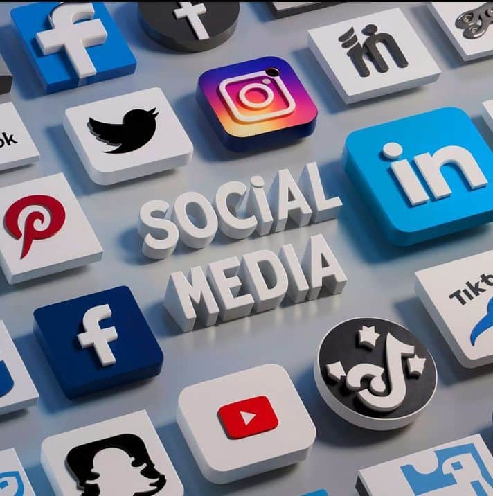 3D icons of popular social media platforms (Facebook, Instagram, LinkedIn) with the phrase Social Media in the center.