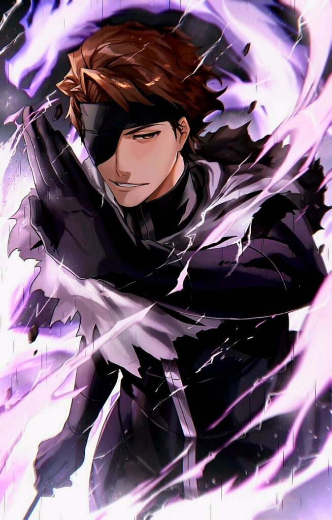 Sosuke Aizen Anime character with brown hair, eye patch, wearing dark clothes, surrounded by purple energy, exudes a mysterious and powerful aura. | Sky Rye Design Anime character with brown hair, eye patch, wearing dark clothes, surrounded by purple energy, exudes a mysterious and powerful aura.