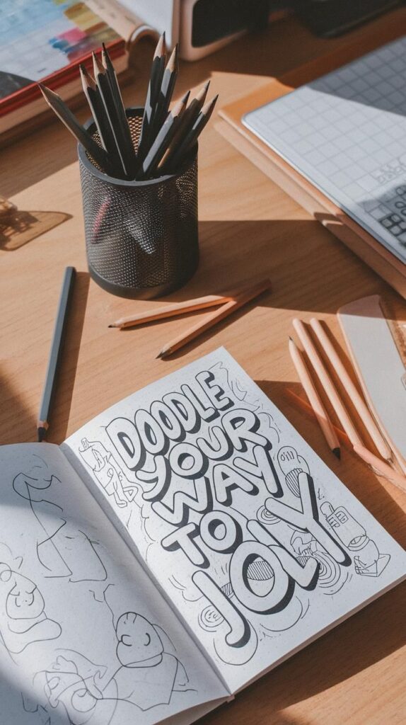 Spark Creativity with Easy Doodles Sketch Ideas Sketchbook open on desk with doodles, pencils, and motivational phrase: Doodle Your Way to Joy in bold letters. | Sky Rye Design Sketchbook open on desk with doodles, pencils, and motivational phrase: Doodle Your Way to Joy in bold letters.