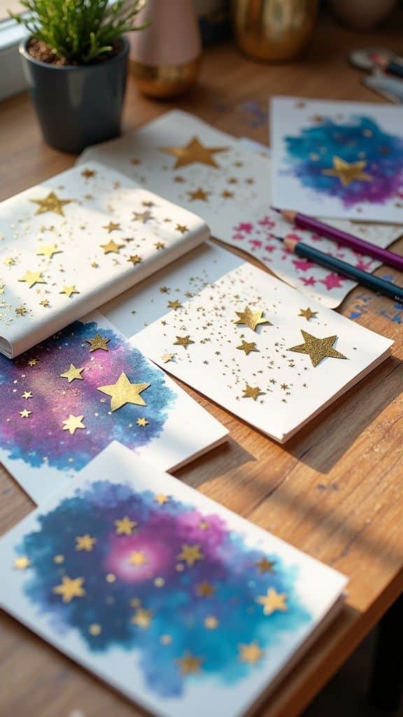 Colorful notebooks with starry galaxy designs and gold star stickers on a wooden desk near a potted plant.