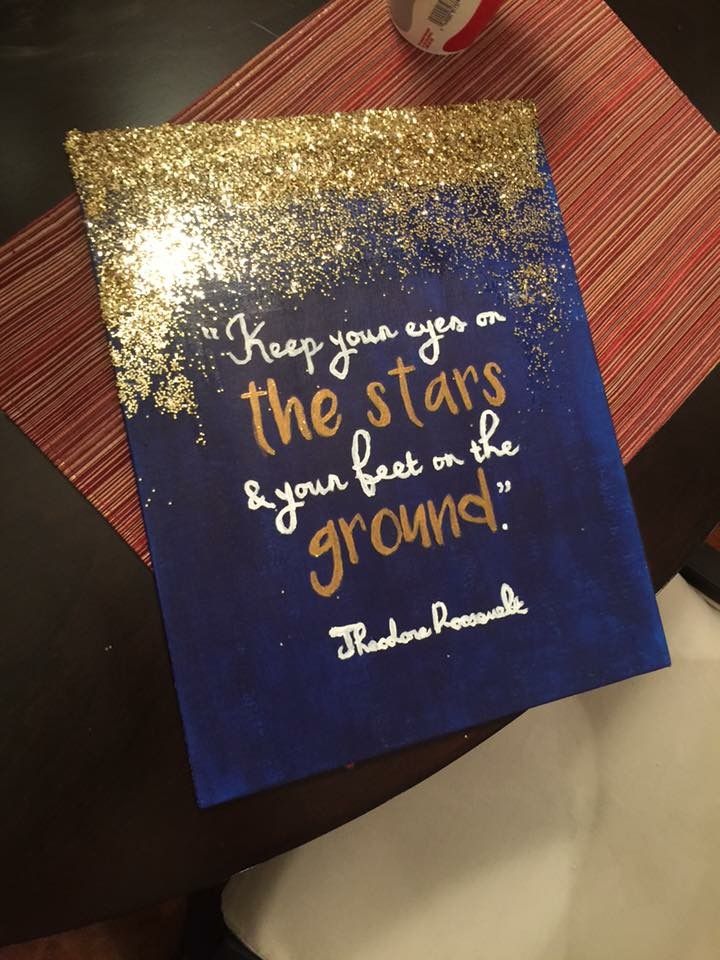 Inspirational canvas art with quote, Keep your eyes on the stars & your feet on the ground. Decorated with gold glitter.