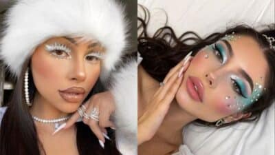 Two women showcasing creative makeup: one with pearl accents and winter theme, the other with vibrant blue eyeshadow and crystal details.