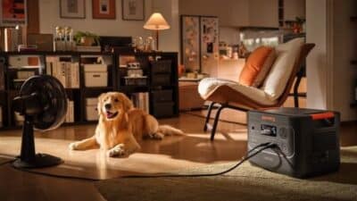 Golden retriever relaxing by fan powered by portable generator in cozy living room.