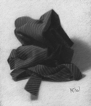 Charcoal drawing of a crumpled pinstripe suit on a textured surface, showcasing intricate shadows and details. Artwork signed by the artist.