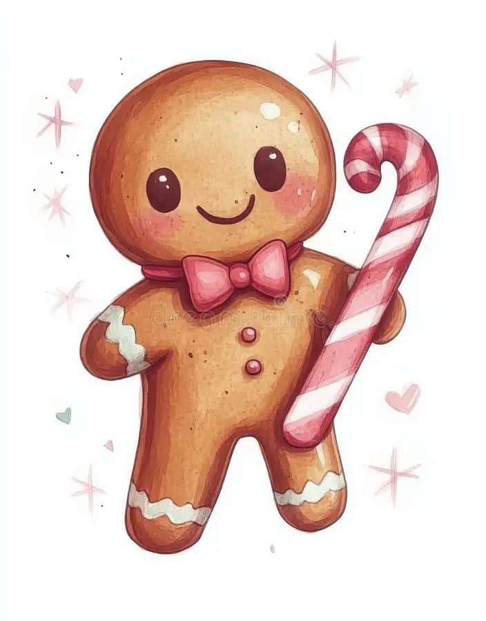 Cute gingerbread man with pink bow tie holding a candy cane, surrounded by stars and hearts. Holiday illustration.