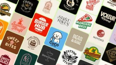 A vibrant collage of various brand logos, including food, fashion, and tattoo studios, showcasing diverse design styles and themes.