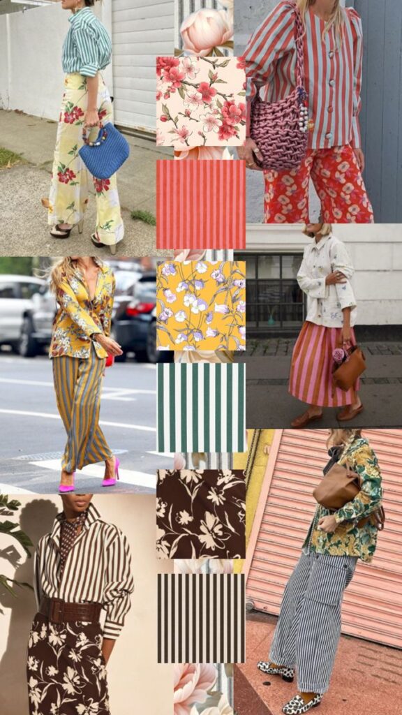 Collage of diverse fashion styles featuring floral, striped patterns, and bold colors in trendy outfits for a vibrant, eclectic look.
