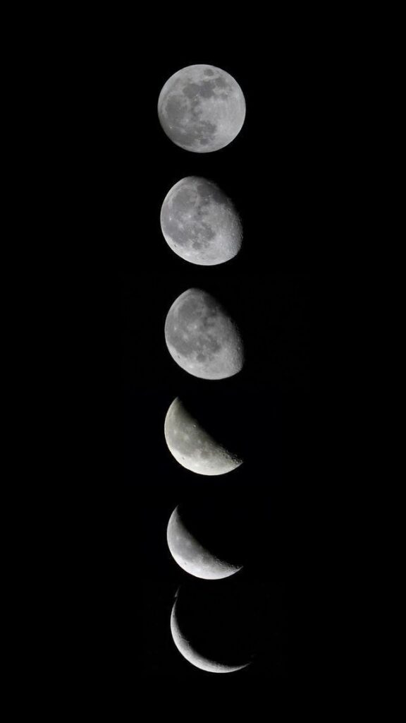 Lunar phases collage: full moon transitioning to crescent against a black sky, illustrating the moon's cyclical change.