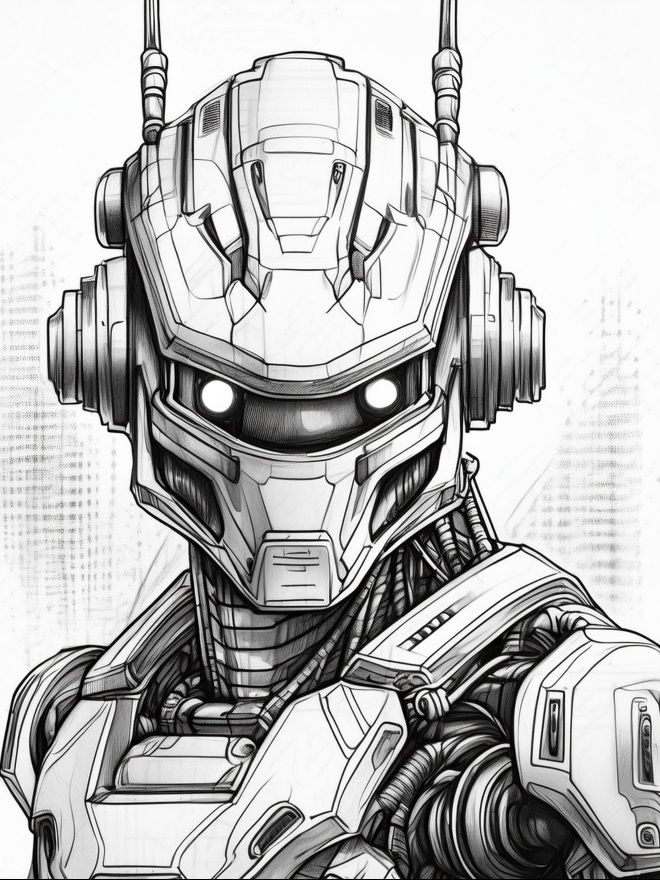 Futuristic robot sketch showcasing intricate cybernetic details and high-tech design, perfect for AI and robotics themes.