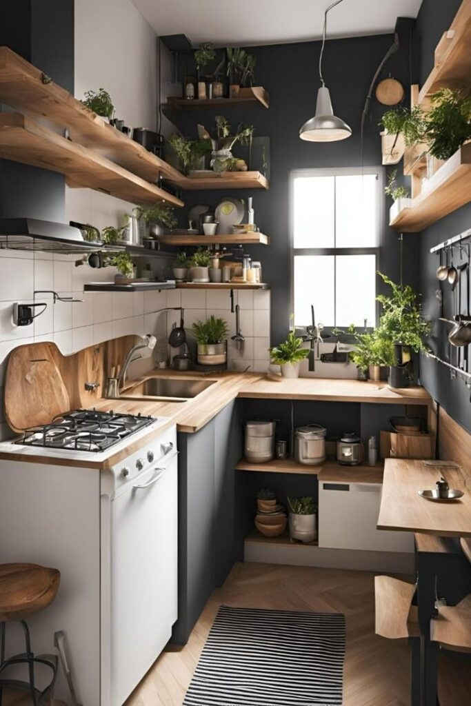 Small modern kitchen with wooden shelves, green plants, and a cozy, minimalist design. Bright window light enhances the natural decor.