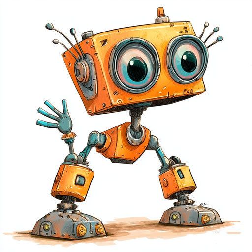 Cute cartoon robot with a boxy orange head and large eyes, showcasing a playful design with mechanical limbs on a white background.