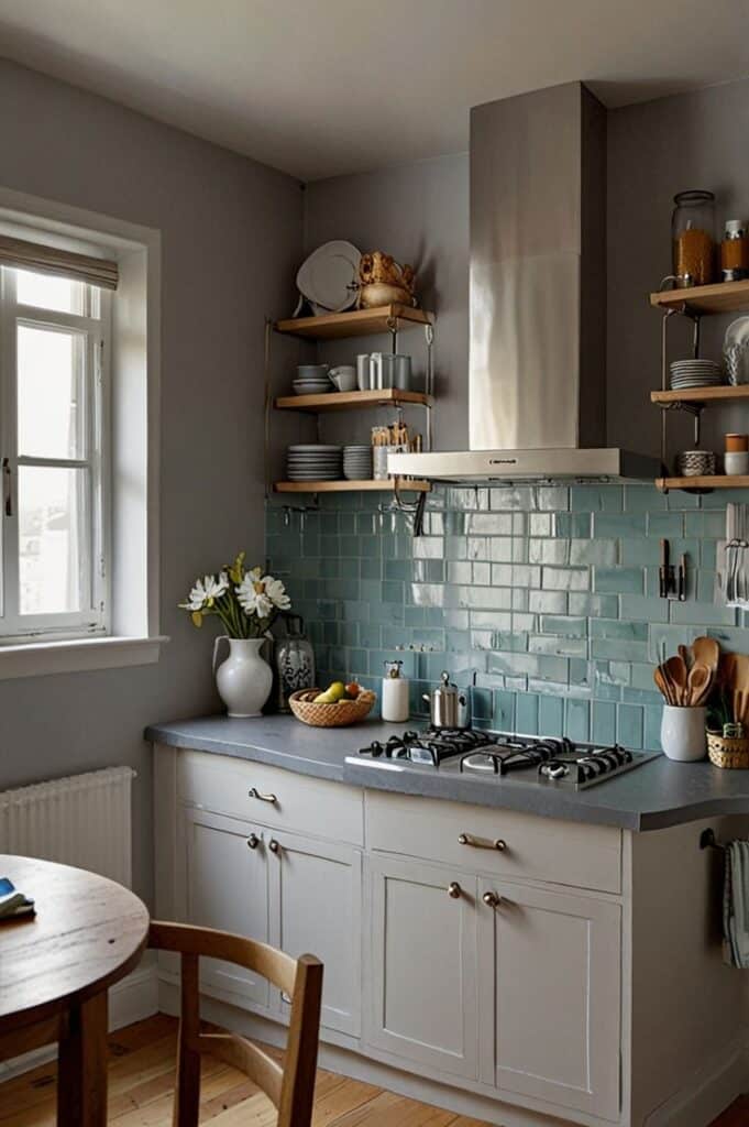 Cozy kitchen with blue tiled backsplash, open shelves, and modern appliances, featuring a gas stove and wooden countertops.