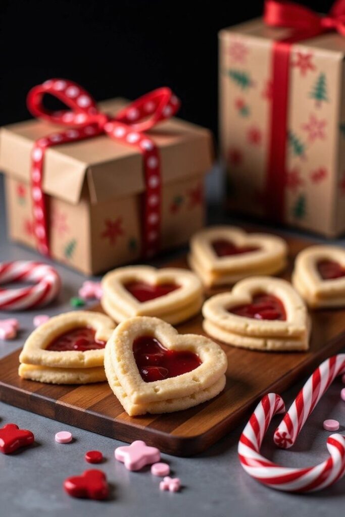 Sweet Holiday Magic_ Adorable Heart-Shaped Cookies Gift Boxes Heart-shaped cookies with red filling and gift boxes on a wooden board, surrounded by holiday candy. | Sky Rye Design Heart-shaped cookies with red filling and gift boxes on a wooden board, surrounded by holiday candy.