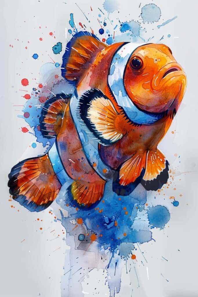 Vibrant watercolor illustration of a clownfish with vivid orange and blue splashes, capturing a dynamic underwater scene.