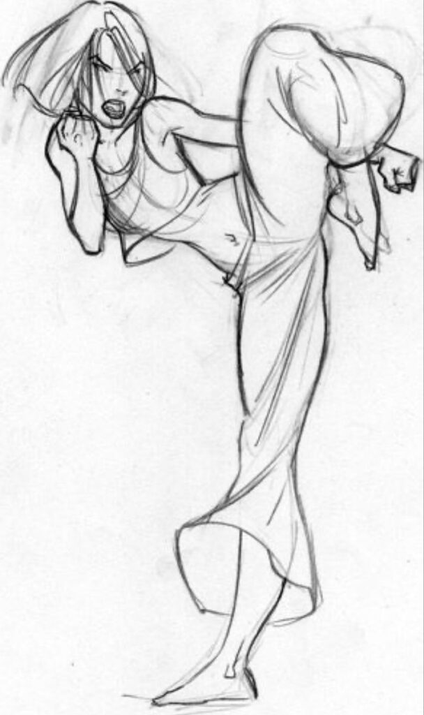 Sketch of a dynamic martial arts kick by a woman in flowing clothing, showcasing strength and movement.