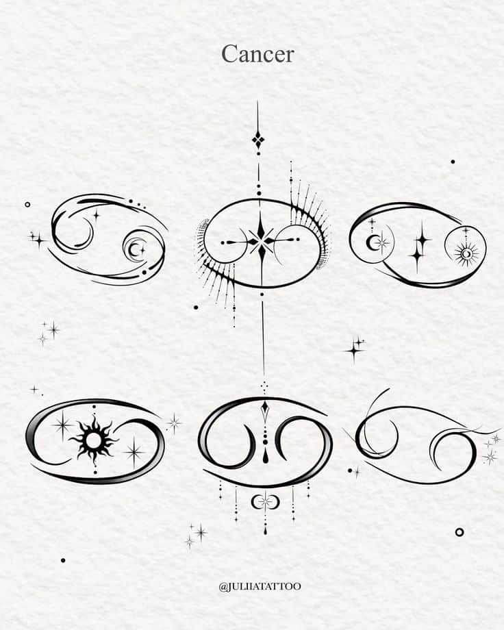 Elegant Cancer zodiac tattoo designs featuring stars, moons, and intricate line art. Perfect for astrology enthusiasts and tattoo lovers.