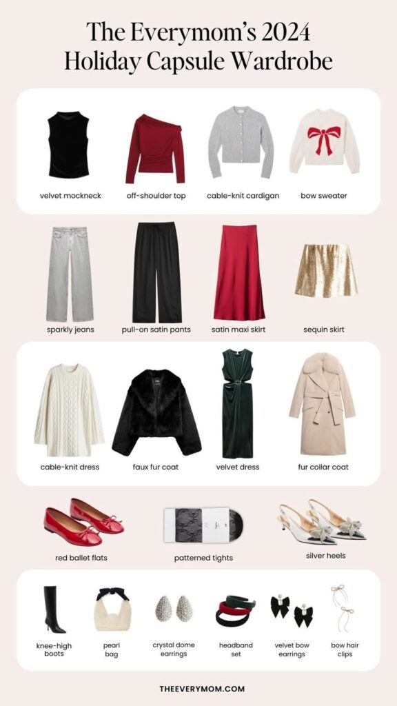 The Best Holiday Capsule Wardrobe for a Stylish and Simple Winter Holiday capsule wardrobe 2024 featuring tops, skirts, dresses, coats, shoes, and accessories for stylish occasions. | Sky Rye Design Holiday capsule wardrobe 2024 featuring tops, skirts, dresses, coats, shoes, and accessories for stylish occasions.