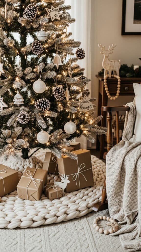 Cozy Christmas scene with a decorated tree, wrapped gifts, and knitted decor in a warm, inviting living room setting.