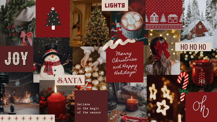 Festive Christmas collage with decor, snowman, tree, and holiday greetings. Warm and joyful celebration of the season's spirit.