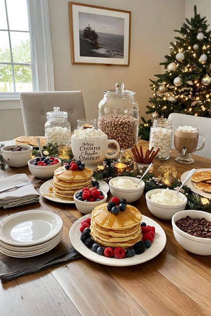 Festive brunch setup with pancakes, berries, whipped cream, and hot cocoa on a Christmas-decorated table with a tree in the background.