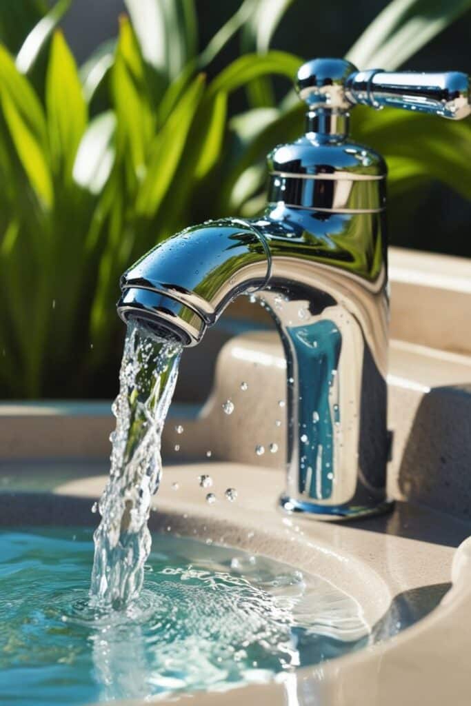 The Flow of Clarity Chrome faucet with flowing water in a sunny garden setting, highlighting stainless steel and nature. | Sky Rye Design Chrome faucet with flowing water in a sunny garden setting, highlighting stainless steel and nature.