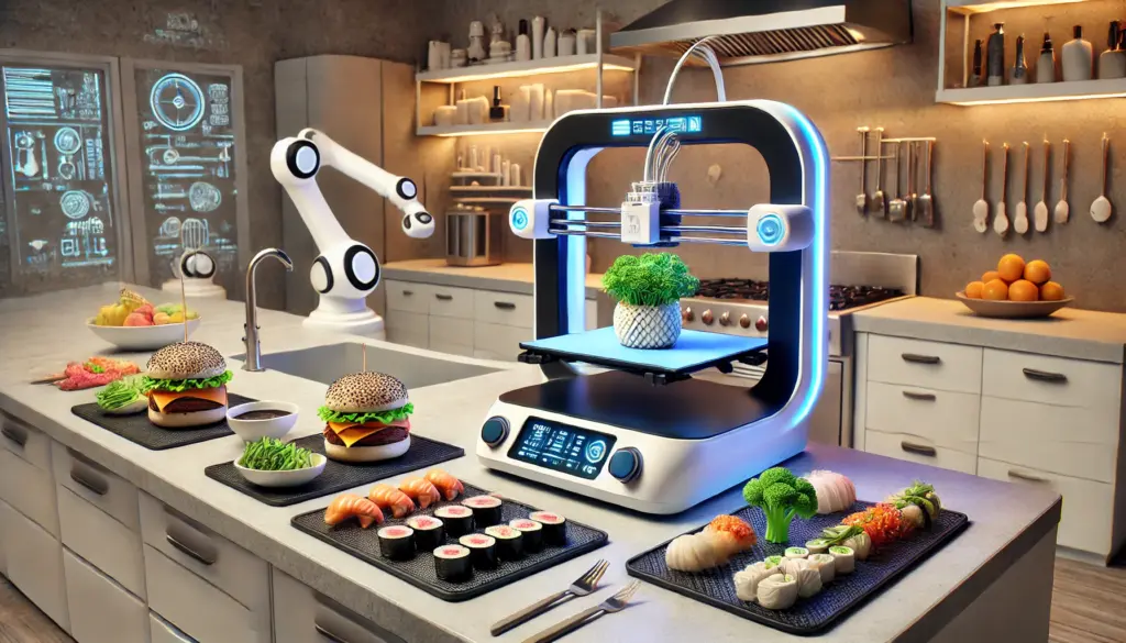 The-Future-of-3D-Printed-Food-Revolutionizing-the-Culinary-World Futuristic kitchen with a 3D food printer and robotic arm preparing sushi and burgers on a countertop. | Sky Rye Design Futuristic kitchen with a 3D food printer and robotic arm preparing sushi and burgers on a countertop.