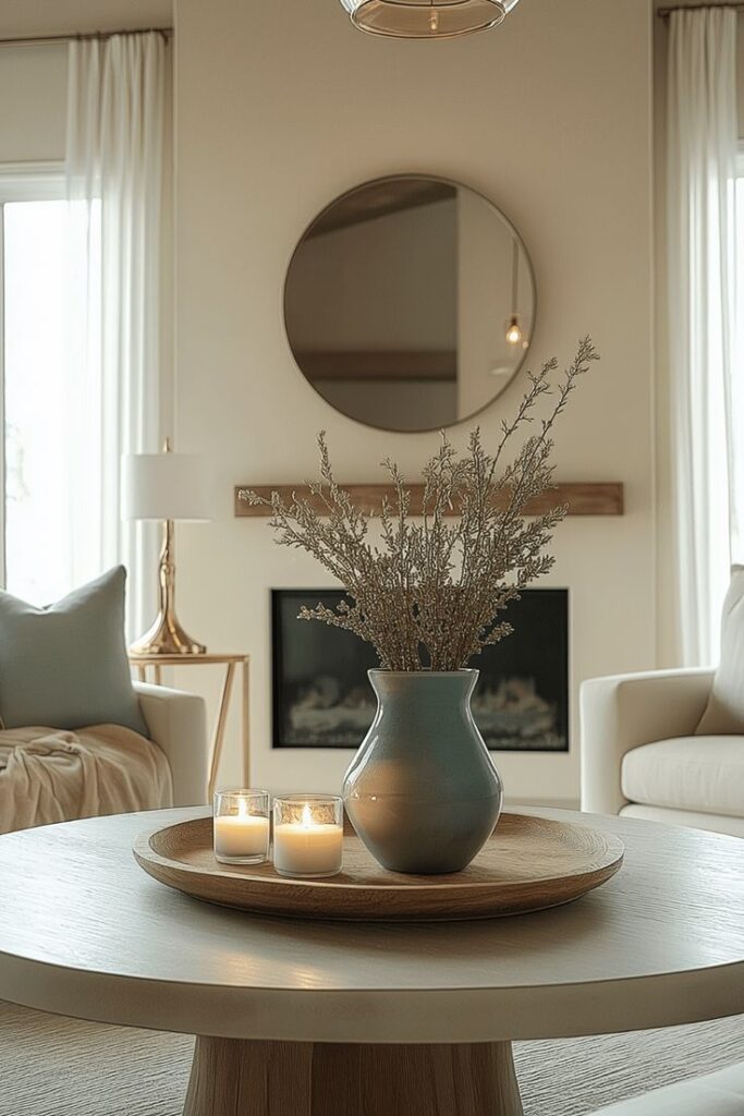 Modern living room with a circular mirror, vase with branches, and lit candles on a white coffee table. Cozy and minimalist decor.