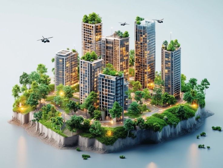 The Role of AI in Creating Sustainable Cities_ Transforming Urban Living for a Greener Future Futuristic green urban island with skyscrapers, abundant trees, and helicopters in a serene water setting, showcasing eco-friendly design. | Sky Rye Design Futuristic green urban island with skyscrapers, abundant trees, and helicopters in a serene water setting, showcasing eco-friendly design.