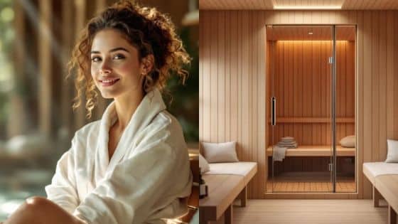 The Science Behind Sauna Therapy Why It Works for Detoxing Woman smiling in a spa robe next to a modern, inviting sauna, promoting relaxation and wellness in a serene environment. | Sky Rye Design Woman smiling in a spa robe next to a modern, inviting sauna, promoting relaxation and wellness in a serene environment.