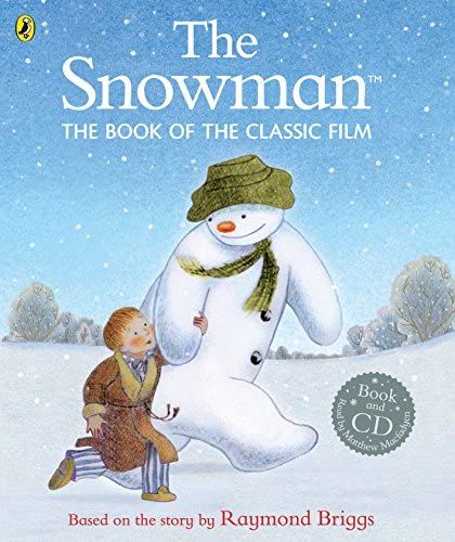 Cover of The Snowman book by Raymond Briggs, featuring a snowman and child in winter scene. Includes a Book and CD set.