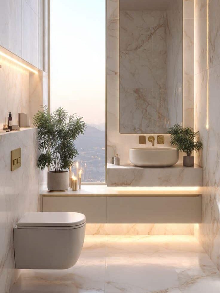 Luxurious marble bathroom with modern fixtures, mood lighting, and plants near a large window with a city view at sunset.