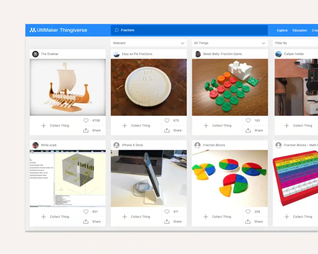 Thingiverse-education-Hero-Image 3D printed objects on Thingiverse, including a ship model, pie fractions, and colorful fraction blocks. | Sky Rye Design 3D printed objects on Thingiverse, including a ship model, pie fractions, and colorful fraction blocks.