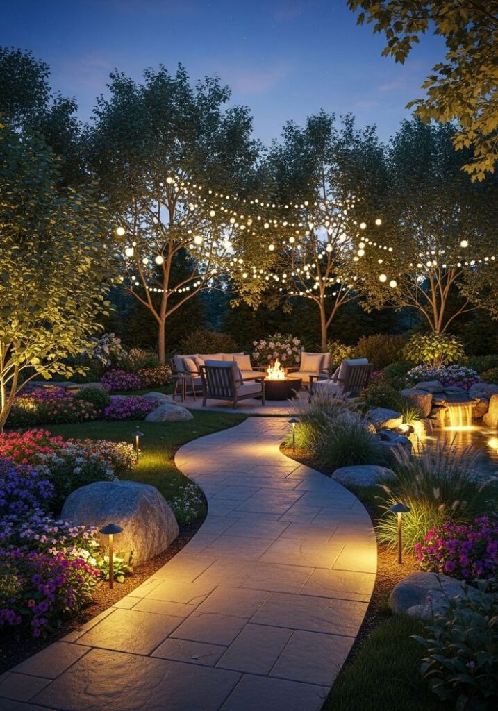 This 1️⃣ Outdoor Lighting Trick Makes Your Garden Look Like a 5-Star Resort ✨ Enchanting garden at dusk with string lights, stone path, blooming flowers, and cozy fire pit setting a tranquil evening ambiance. | Sky Rye Design Enchanting garden at dusk with string lights, stone path, blooming flowers, and cozy fire pit setting a tranquil evening ambiance.
