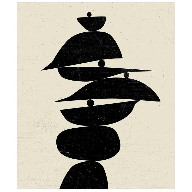 Abstract geometric design with stacked black shapes on a textured beige background, creating a modern minimalist art piece.