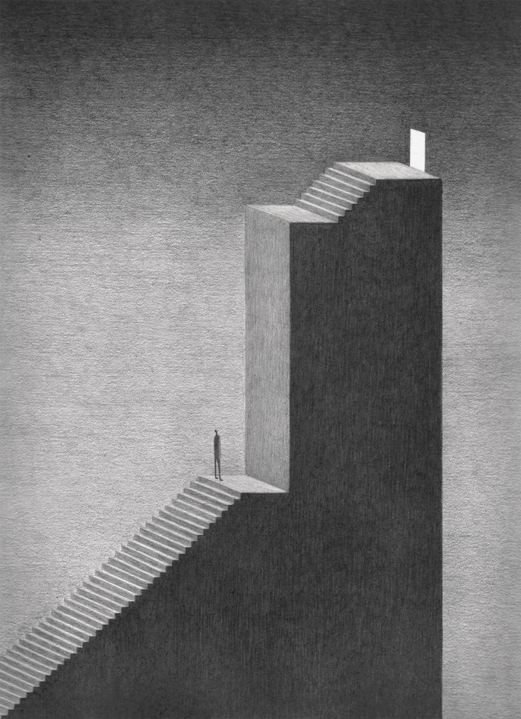 Monochrome drawing of a person on a staircase leading to a high platform with a door, symbolizing challenge and aspiration.
