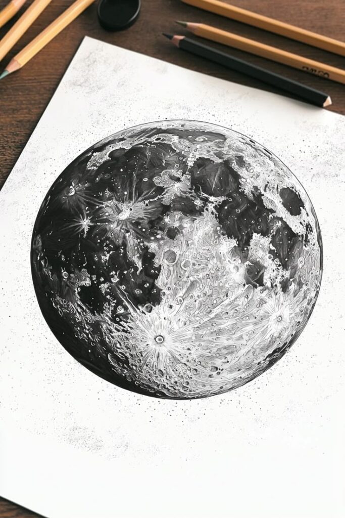 Detailed moon illustration in black and white with pencils on a wooden desk. Realistic lunar art showcasing craters and textures.