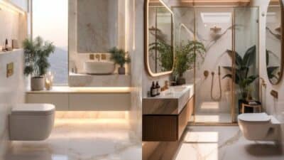 Modern luxury bathroom with sleek marble surfaces, gold fixtures, and elegant plants complementing a serene, refined atmosphere.