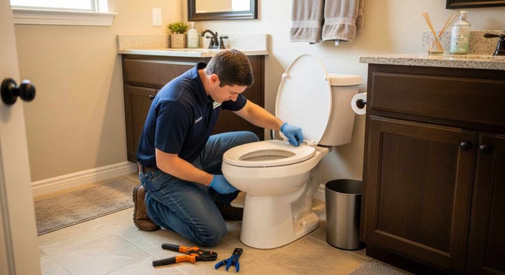 Plumber fixing a toilet in a modern bathroom, using tools on the floor nearby, highlighting professional plumbing services.