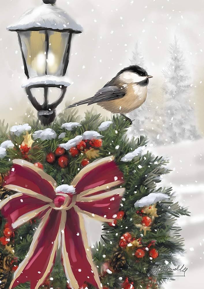 Toland Home Garden 12x18 Inch Double Sided Garden Flag Winter Flag Snowy Wreath Christmas Winter Garden Flag House Flag For Outdoor Yard Decoration Bird perched on snowy wreath with red berries and bow near lamp post in winter scene. Cozy, festive atmosphere. | Sky Rye Design Bird perched on snowy wreath with red berries and bow near lamp post in winter scene. Cozy, festive atmosphere.