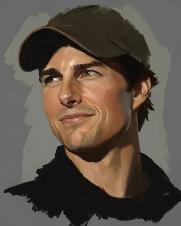 Portrait of a confident man in a cap and dark shirt, gazing sideways with a subtle smile. Digital painting style on a neutral background.