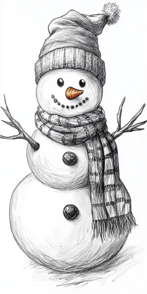 Pencil sketch of a snowman with a hat, checked scarf, carrot nose, and twig arms, capturing winter charm.
