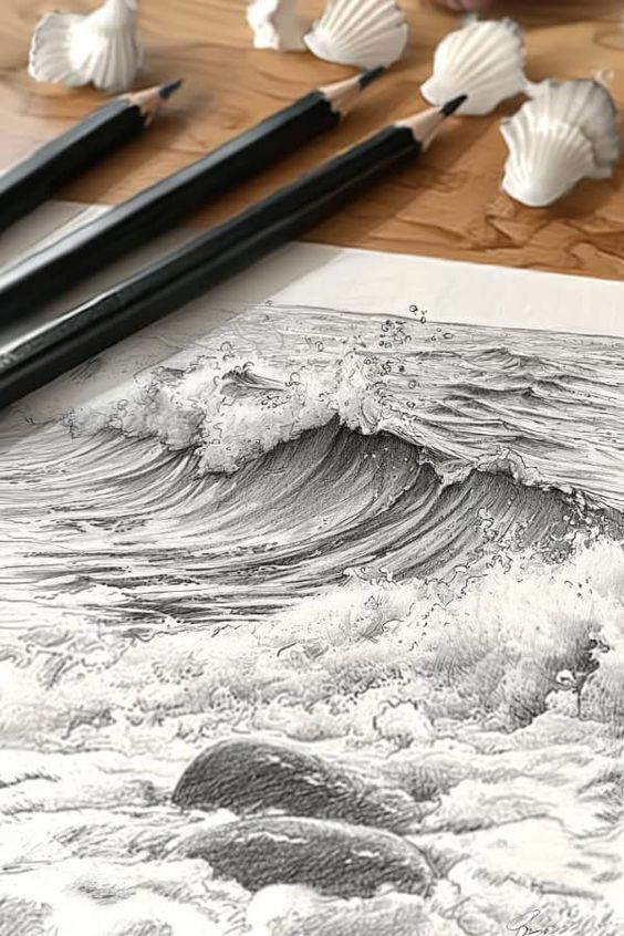 Top 25 Little Sketches Ideas You Can Draw in Minutes 1 Detailed pencil drawing of ocean waves with art pencils and seashells on a wooden table. Perfect for marine-themed artwork inspiration. | Sky Rye Design Detailed pencil drawing of ocean waves with art pencils and seashells on a wooden table. Perfect for marine-themed artwork inspiration.