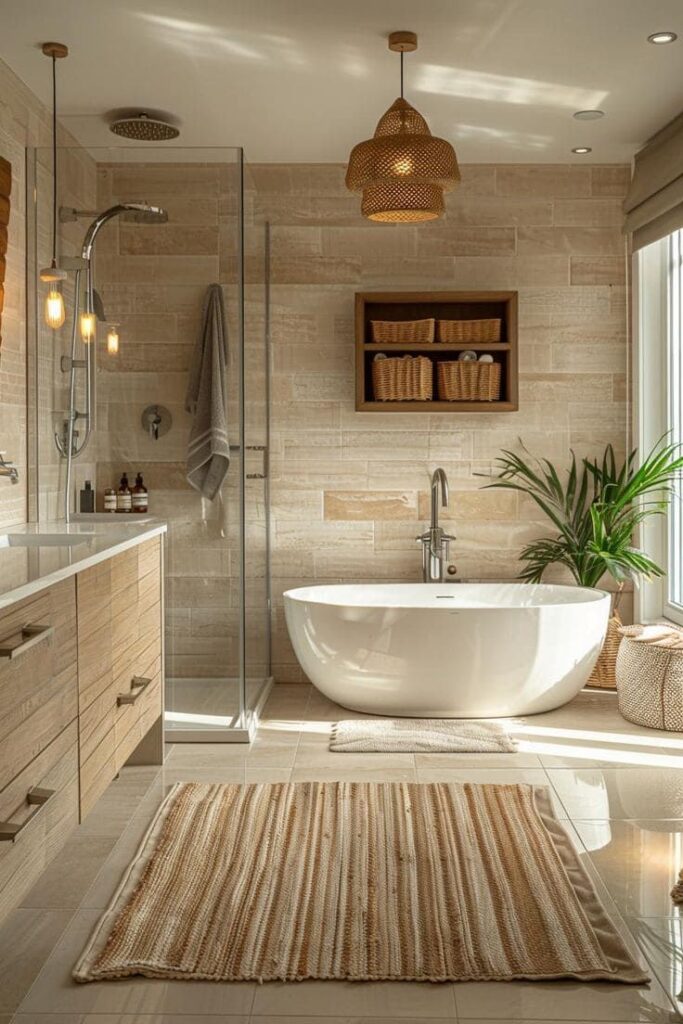 Top 25 Super Elegant Bathroom Design Ideas For A Retreating Modern bathroom with freestanding tub, glass shower, and natural decor. Elegant lighting enhances the serene, spa-like atmosphere. | Sky Rye Design Modern bathroom with freestanding tub, glass shower, and natural decor. Elegant lighting enhances the serene, spa-like atmosphere.