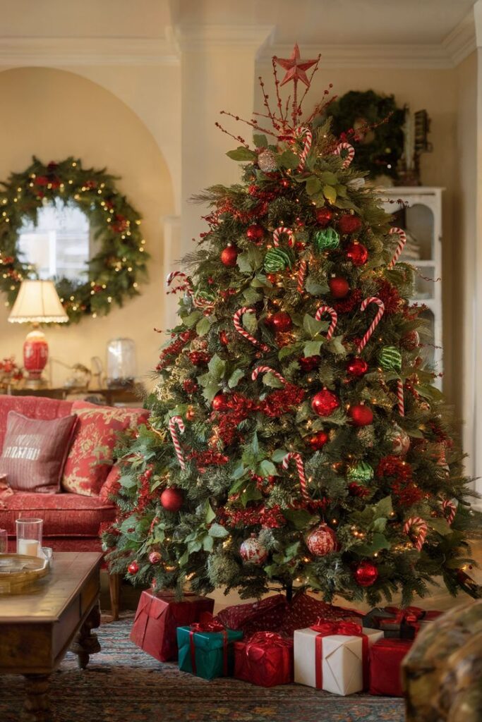 Festive Christmas tree with red, green, and white ornaments, surrounded by presents in a cozy living room decorated for the holidays.