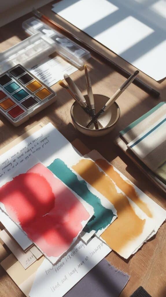 Transform Your Space with Beautiful Watercolor Decor Art supplies on a sunny wooden desk, including watercolor paints, brushes, and swatches. Creative workspace inspiration. | Sky Rye Design Art supplies on a sunny wooden desk, including watercolor paints, brushes, and swatches. Creative workspace inspiration.